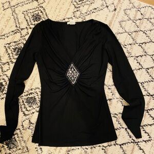 Paige Black V-neck Top S Goth Crystal Embellishment Long sleeve Party Holiday